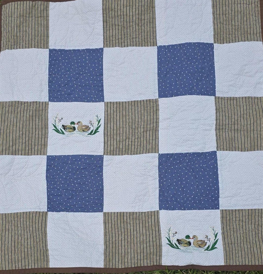 Patchwork Quilt: Embroidered Ducks Baby Quilt (35"x35")Heirloom Quilt