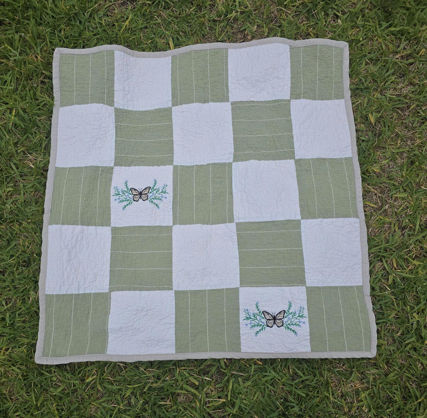 Butterfly Patchwork Baby Quilt | Heirloom Cotton Receiving Blanket (35" x 35")