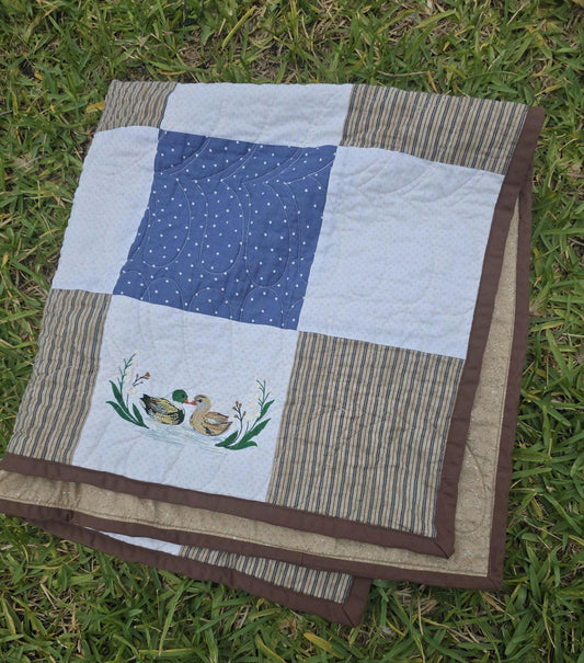 Patchwork Quilt: Embroidered Ducks Baby Quilt (35"x35")Heirloom Quilt