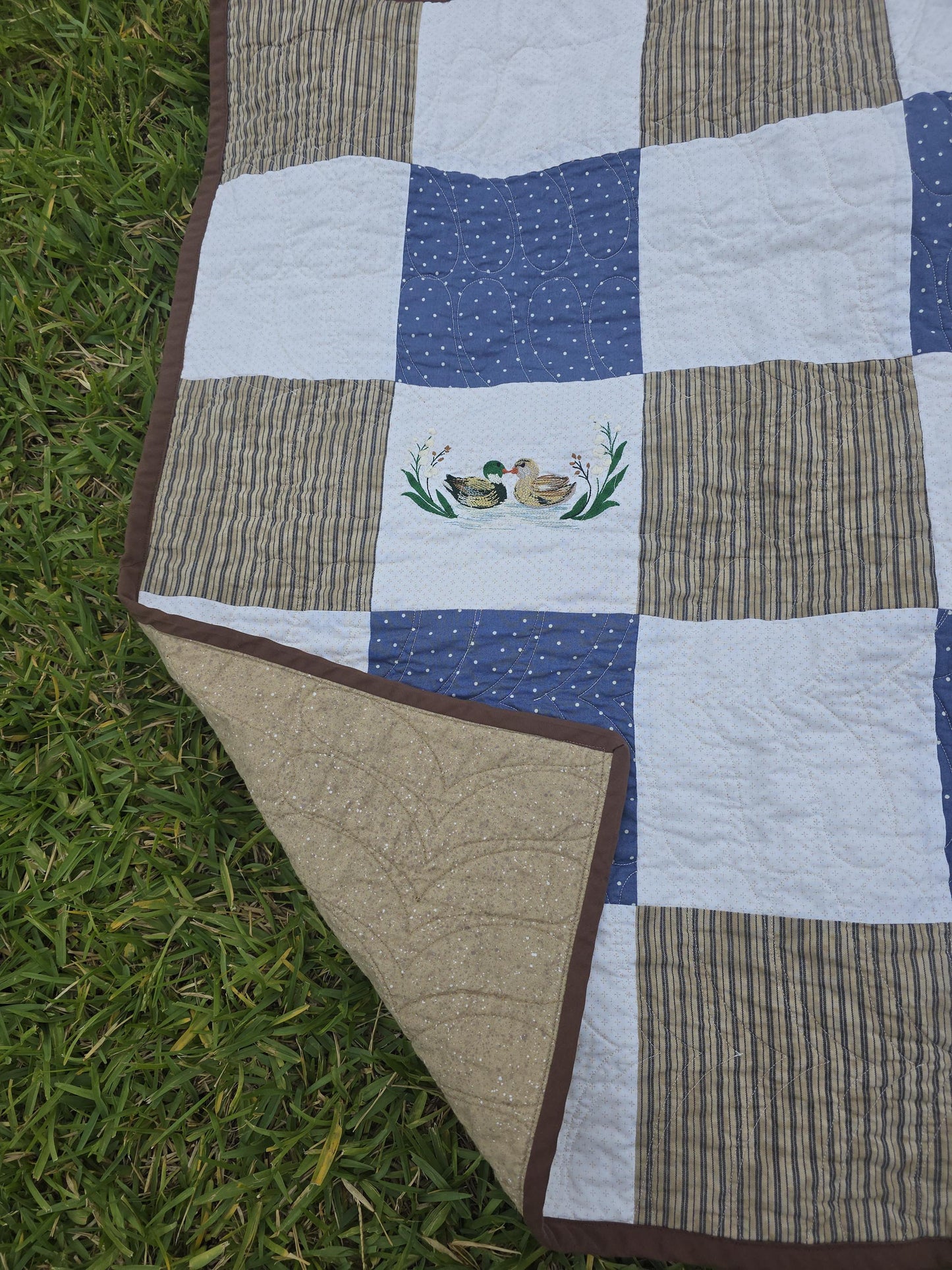 Patchwork Quilt: Embroidered Ducks Baby Quilt (35"x35")Heirloom Quilt