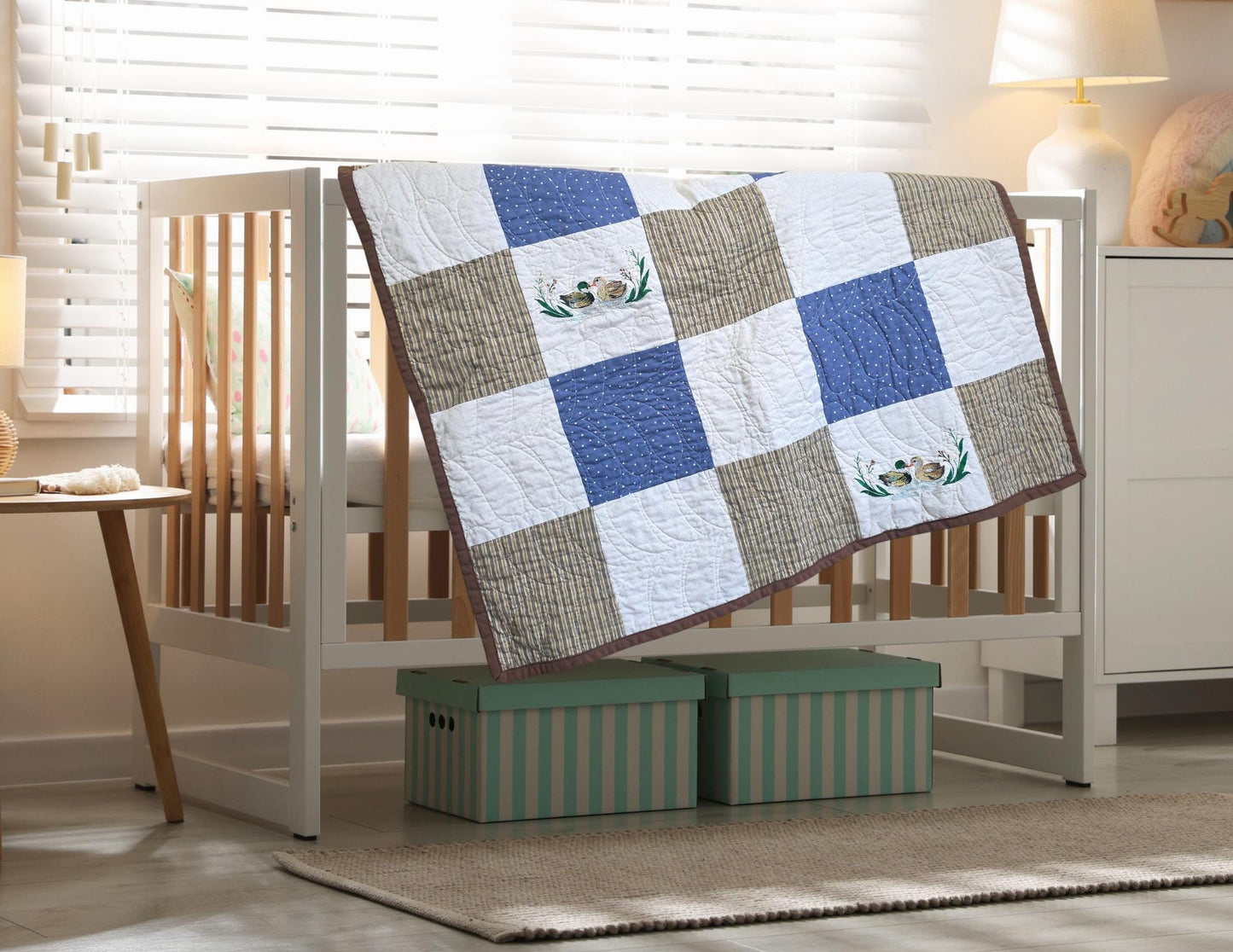 Patchwork Quilt: Embroidered Ducks Baby Quilt (35"x35")Heirloom Quilt
